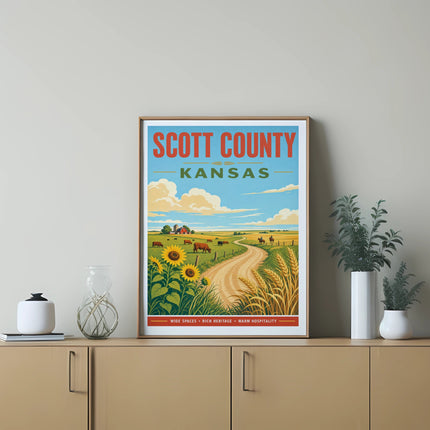 Scott County Kansas travel poster featuring sunflowers, fields, and cows.