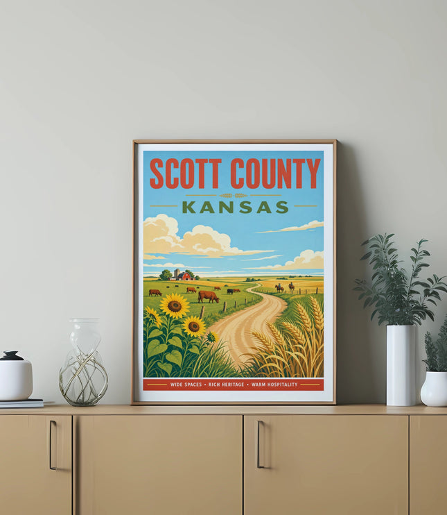 Scott County Kansas travel poster featuring sunflowers, fields, and cows.