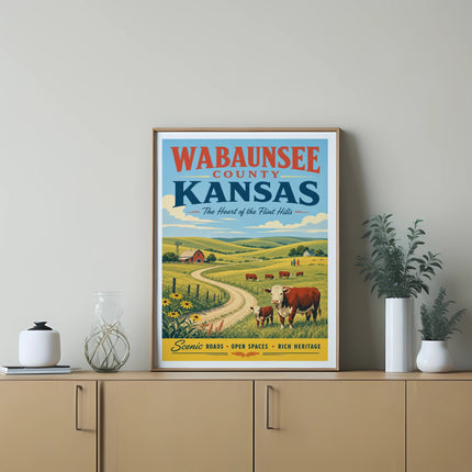 Wabaunsee County, Kansas travel poster with rolling hills, cows, and text.