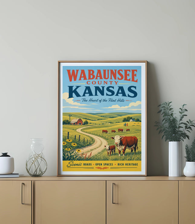 Wabaunsee County, Kansas travel poster with rolling hills, cows, and text.