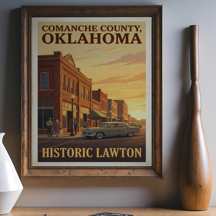Comanche County, Oklahoma poster featuring a vintage car and historic buildings.