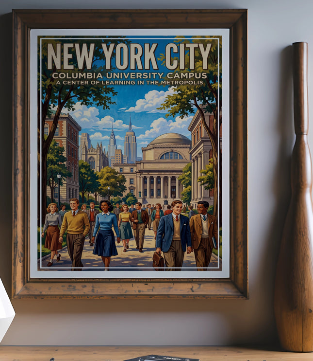 Vintage New York City poster with Columbia University Campus and skyline.