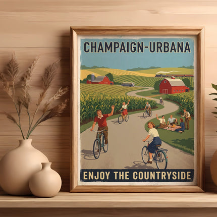 Framed vintage poster of people cycling through a countryside with "CHAMPAGNE-URBANA ENJOY THE COUNTRYSIDE" text.