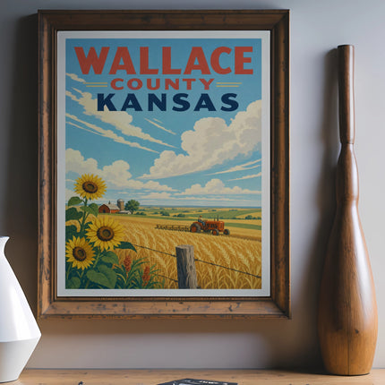 Vintage Wallace County Kansas travel poster with sunflowers and wheat field.