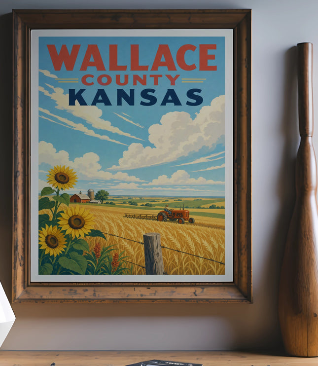 Vintage Wallace County Kansas travel poster with sunflowers and wheat field.
