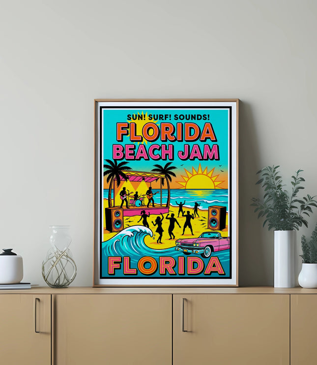 Florida Beach Jam poster featuring a band on stage, dancing silhouettes, and a pink convertible.