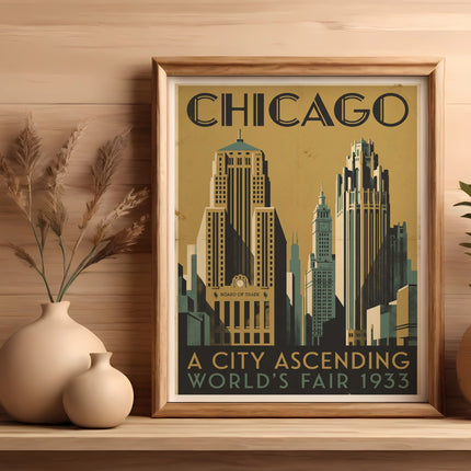 Vintage Chicago World's Fair 1933 art print in a wooden frame.