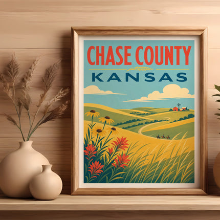 Framed Chase County Kansas landscape art with rolling hills, fields, and buildings.