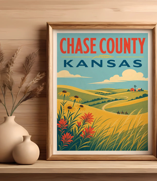 Framed Chase County Kansas landscape art with rolling hills, fields, and buildings.