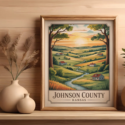 Framed landscape art of rolling hills, a river, and houses with "JOHNSON COUNTY KANSAS" text.