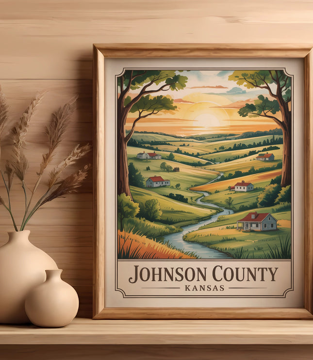 Framed landscape art of rolling hills, a river, and houses with "JOHNSON COUNTY KANSAS" text.