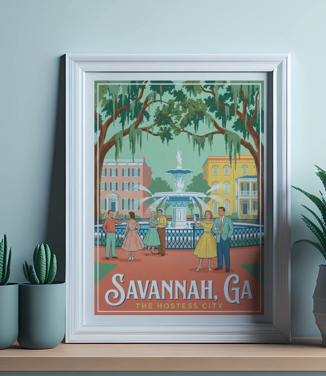 Savannah, GA "The Hostess City" poster with vintage people, fountain and buildings.