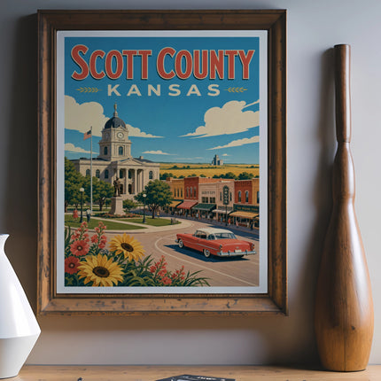 Scott County Kansas vintage travel poster with town square and red car.