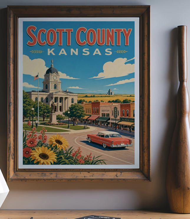 Scott County Kansas vintage travel poster with town square and red car.