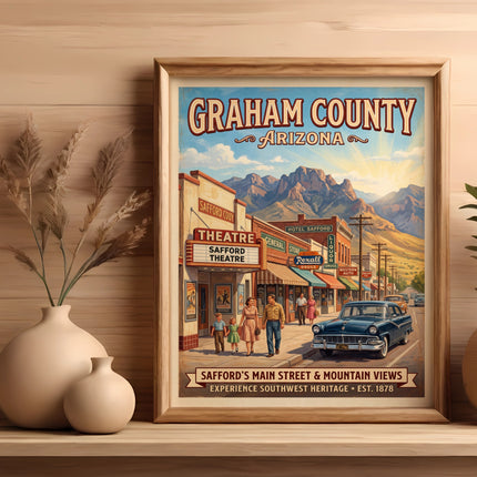 Graham County Arizona artwork with Safford Theatre, mountain views, and vintage cars.