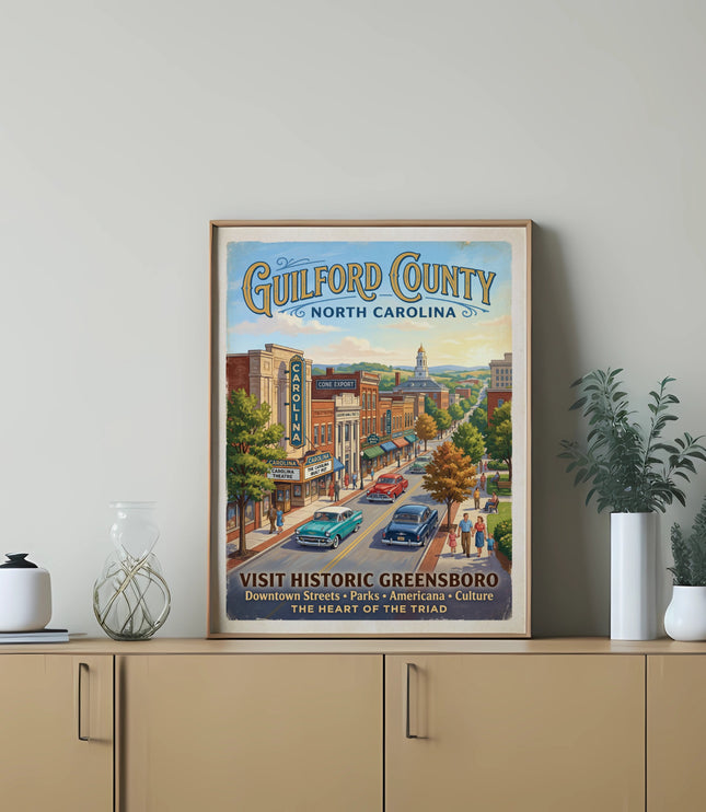 Vintage poster for Guilford County, North Carolina, depicting downtown Greensboro and text.