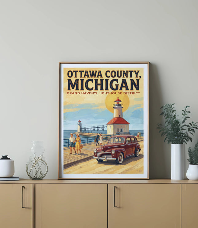 Poster artwork of Grand Haven's Lighthouse District, Ottawa County, Michigan, with a vintage car.