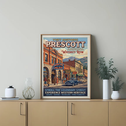 Vintage poster featuring Prescott Arizona Whiskey Row with buildings, cars, and text.