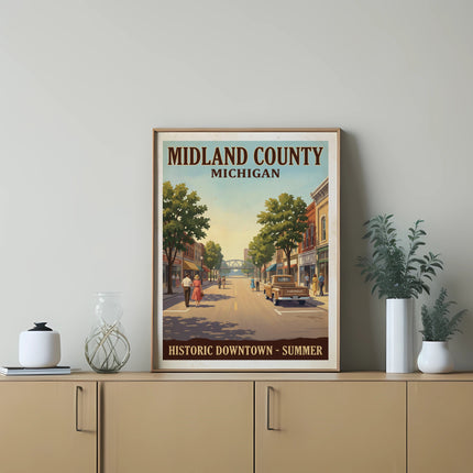 Midland County Michigan historic downtown summer poster with people and truck.