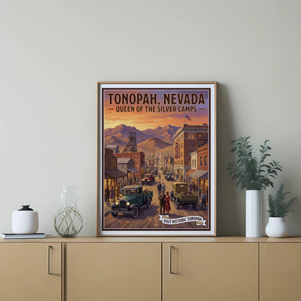Retro poster of Tonopah, Nevada, with vintage cars and buildings under a sunset.