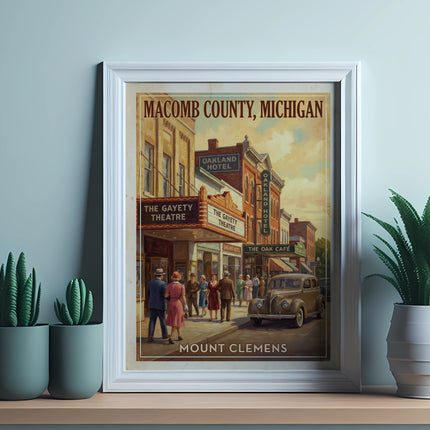 Vintage poster for Macomb County, Michigan, featuring Mount Clemens with Gayety Theatre and Oakland Hotel.