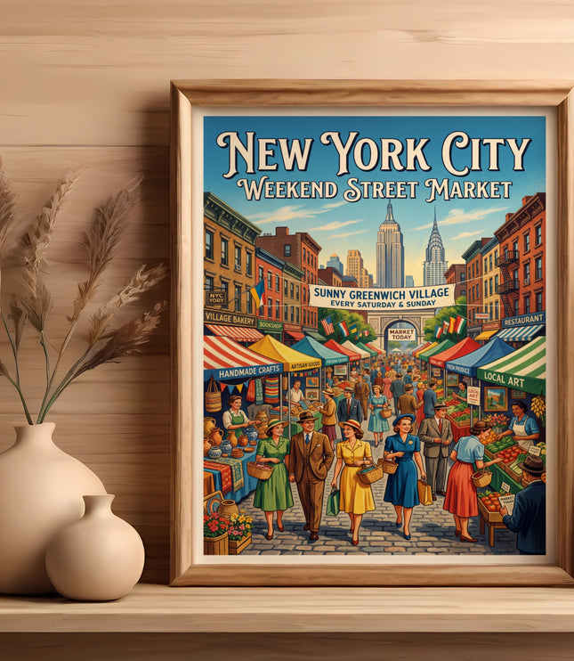 New York City Weekend Street Market poster featuring Sunny Greenwich Village with market stalls.