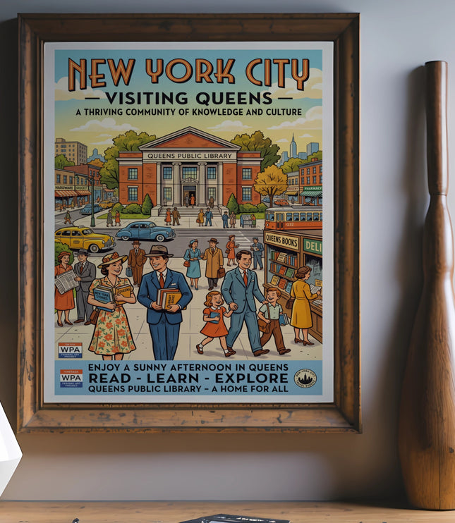 New York City poster visualizing Queens, the public library, and joyful people.