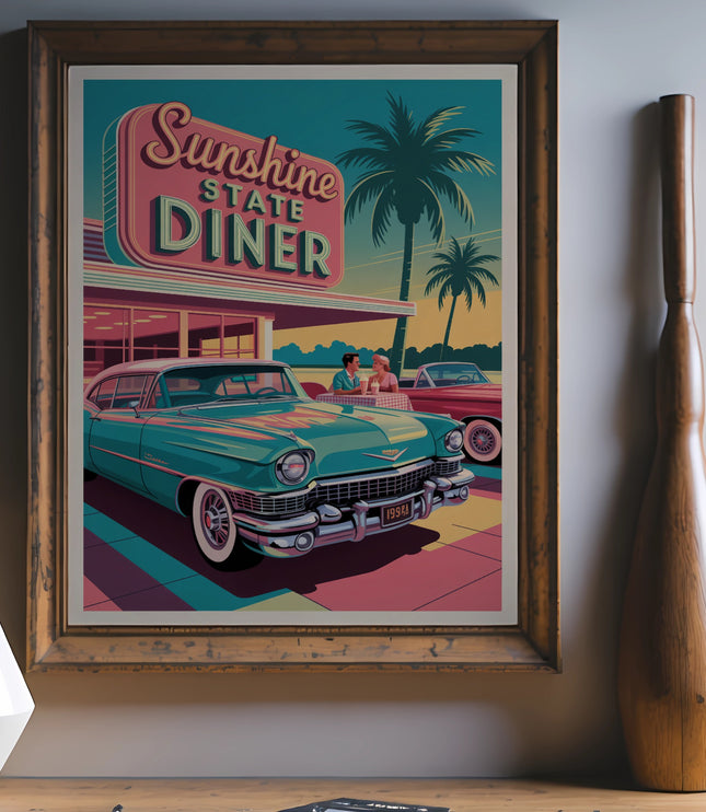 Retro artwork of a teal 1950s car at Sunshine State Diner under palm trees.