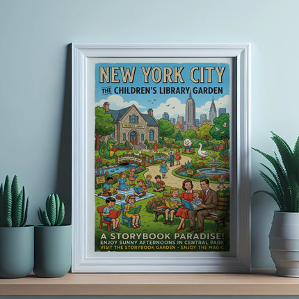 New York City Children's Library Garden poster with books and children reading.