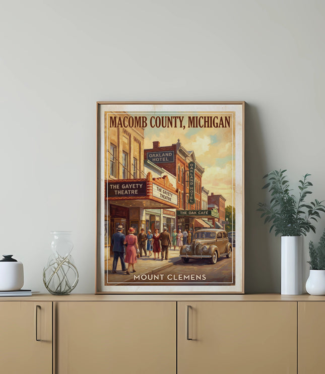 Vintage poster of Maomb County, Michigan with buildings, people, and car.