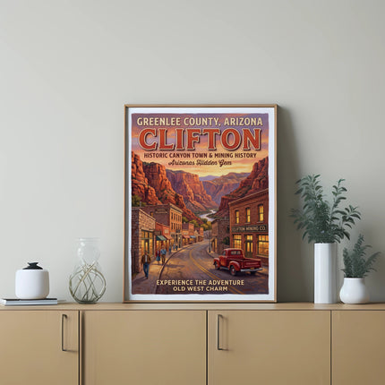 Clifton, Arizona retro travel poster with historic canyon town and mining scene and text.