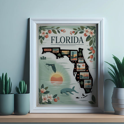 Framed artwork depicting Florida map with scenic vignettes and the word "Florida".