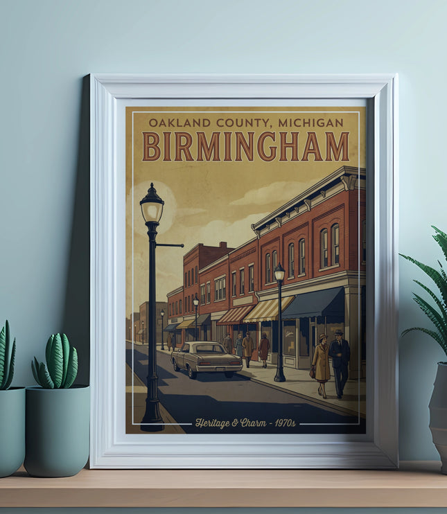 Birmingham, Oakland County, Michigan 1970s vintage poster with brick buildings.