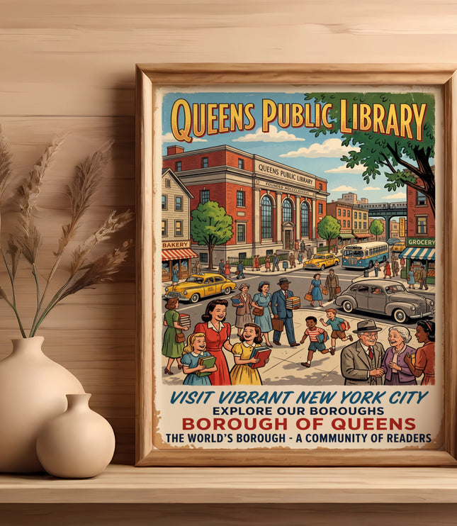 Queens Public Library poster depicting a street scene with vintage cars and people.