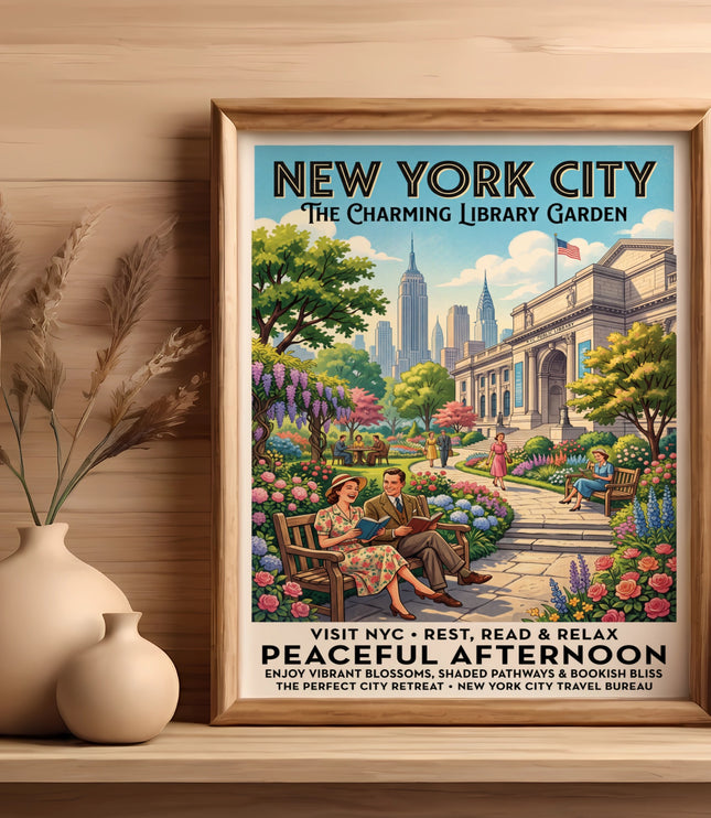 New York City "The Charming Library Garden" poster with people reading in a park.