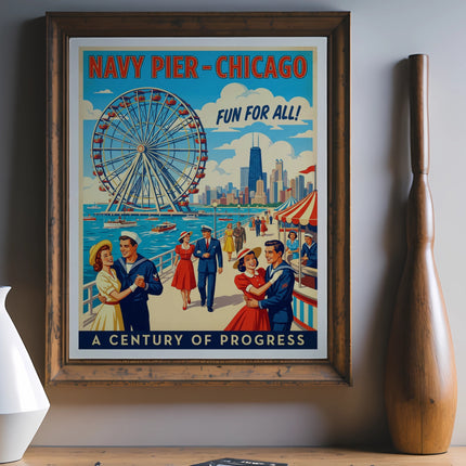 Vintage Navy Pier-Chicago poster featuring a Ferris wheel, couples, and cityscape.