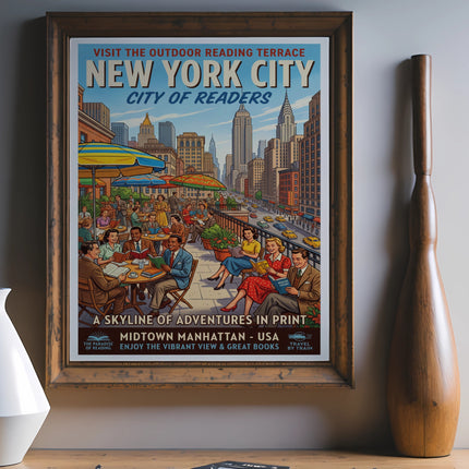 New York City "City of Readers" travel poster with midtown Manhattan skyline and people reading.