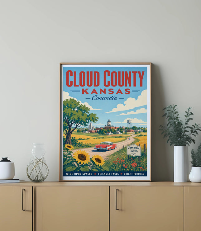 Vintage poster for Cloud County, Kansas, featuring sunflowers, a vintage car, and text.