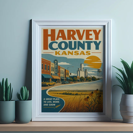 Framed vintage poster of Harvey County, Kansas, featuring a town scene and fields.