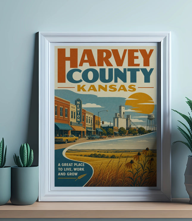 Framed vintage poster of Harvey County, Kansas, featuring a town scene and fields.