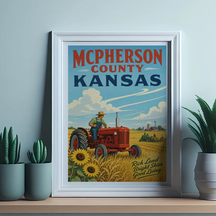 Vintage tractor with farmer in field, "McPherson County Kansas" text.