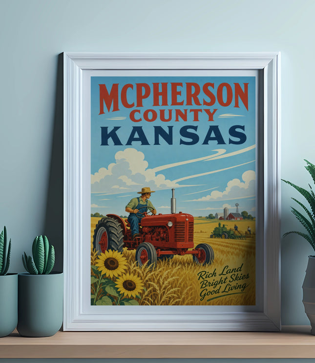 Vintage tractor with farmer in field, "McPherson County Kansas" text.