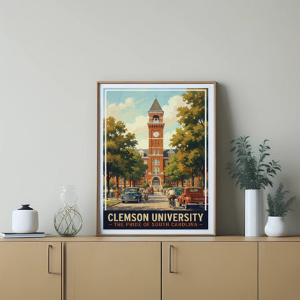 Clemson University art print showing Tillman Hall and vintage cars on campus.