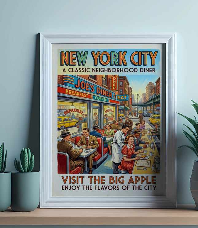 New York City Joe's Diner poster with people enjoying food at tables and the counter.
