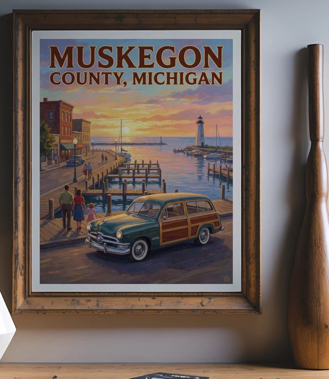 "Muskegon County, Michigan" vintage travel poster with lighthouse and woody wagon.