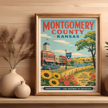 Montgomery County Kansas vintage travel poster with sunflowers and historic buildings.