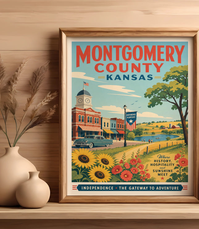 Montgomery County Kansas vintage travel poster with sunflowers and historic buildings.
