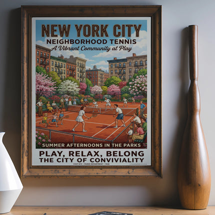 New York City neighborhood tennis poster with people playing tennis in a park.