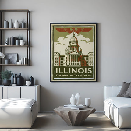 Illinois state capitol building poster with eagle above and text "STRENGTH UNITY PROGRESS".