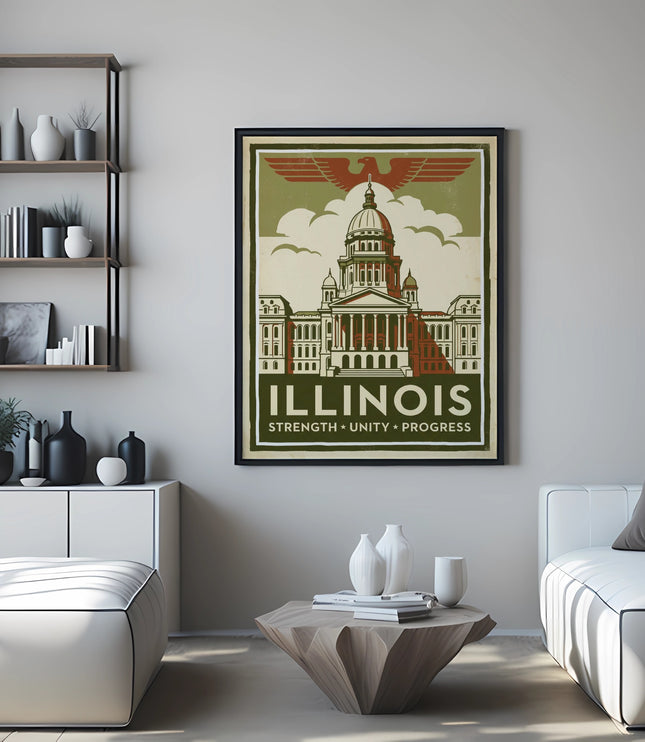 Illinois state capitol building poster with eagle above and text "STRENGTH UNITY PROGRESS".